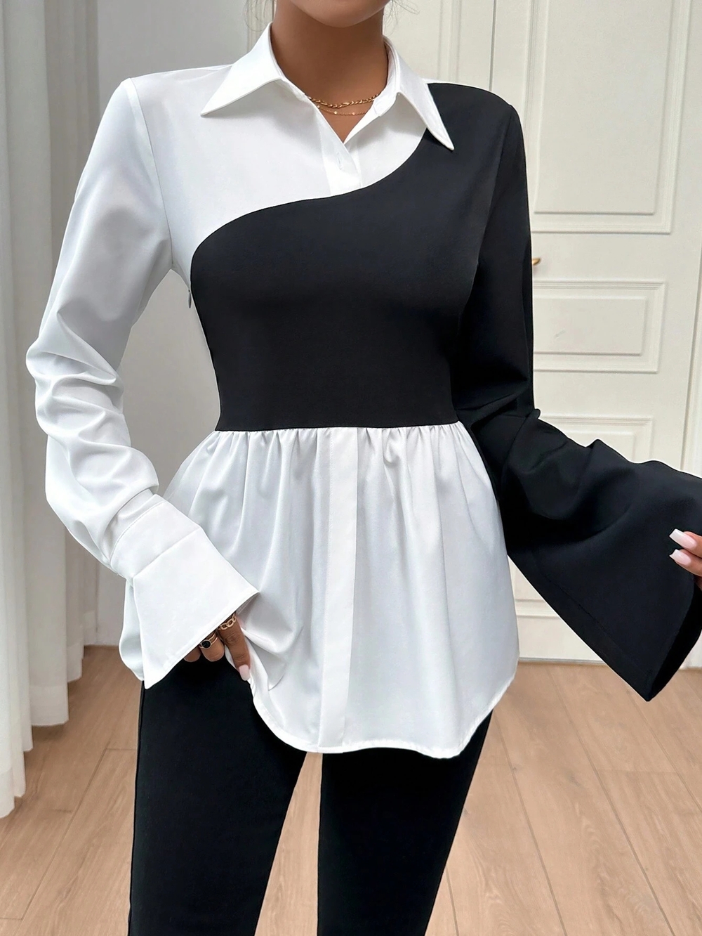 Women’s Two-Tone Black & Off- White Peplum Shirt
